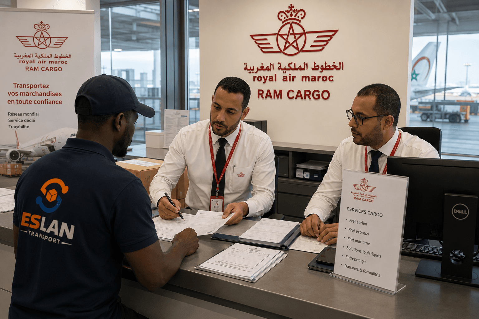 Équipe Eslan Transport au comptoir fret aérien RAM Cargo